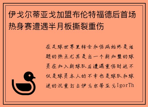 伊戈尔蒂亚戈加盟布伦特福德后首场热身赛遭遇半月板撕裂重伤