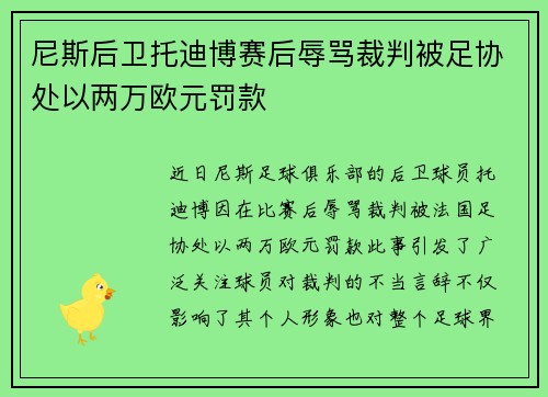 尼斯后卫托迪博赛后辱骂裁判被足协处以两万欧元罚款