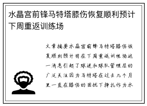 水晶宫前锋马特塔膝伤恢复顺利预计下周重返训练场 水晶宫前锋马特塔膝伤恢复顺利预计下周重返训练场